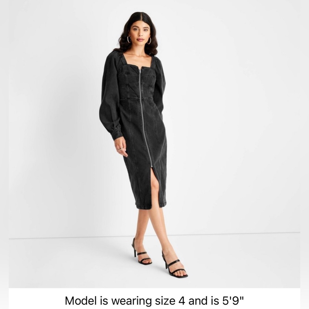 Kahlana Barfield Brown Puff Long Sleeve Zip-Front Denim A-Line Dress